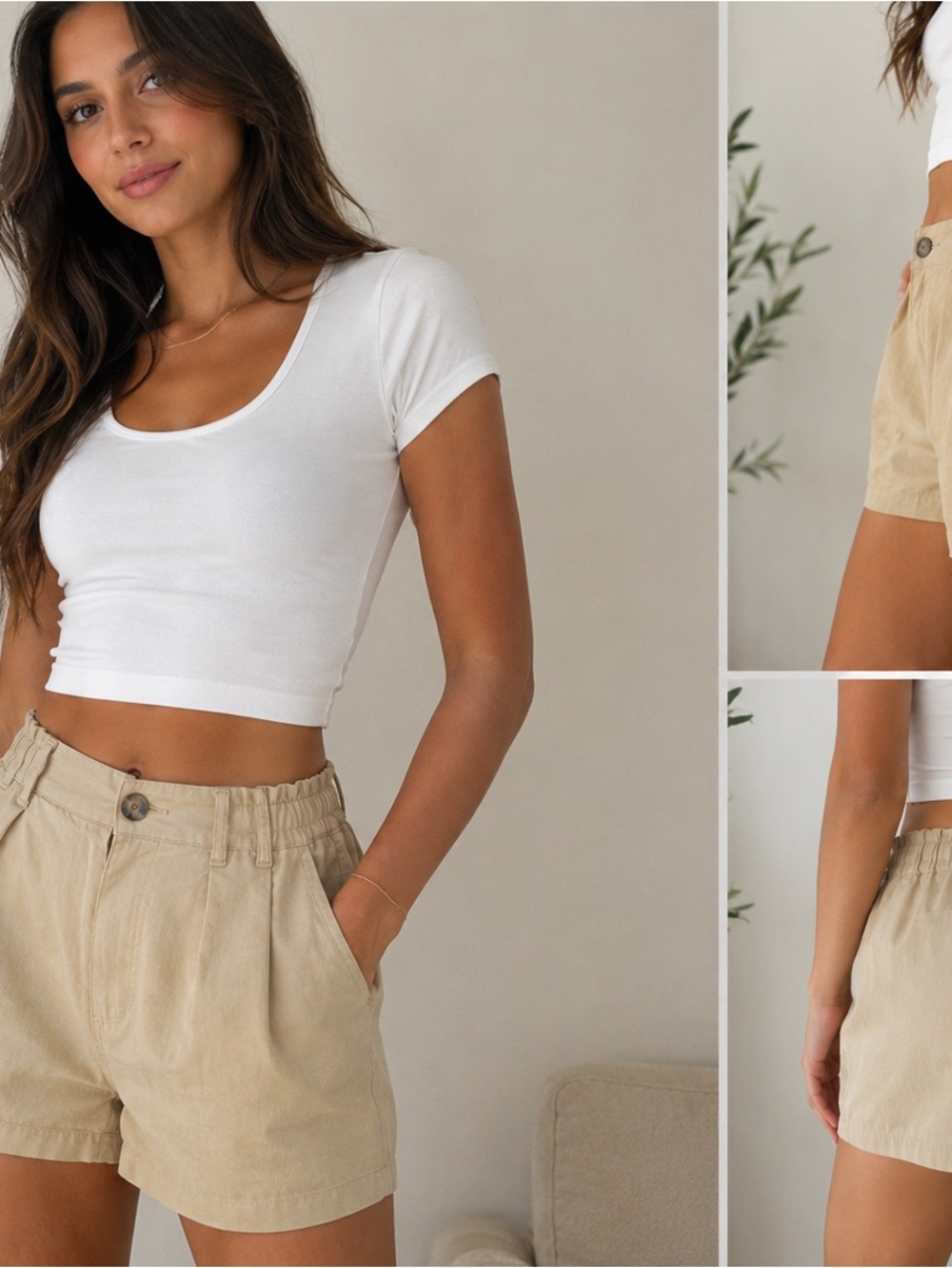 High-Rise Casual Beige Bermuda Shorts with Button Waist